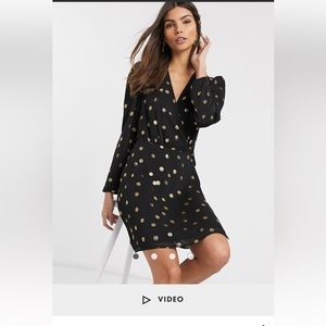 & other stories black and gold polka dot wrap dress
